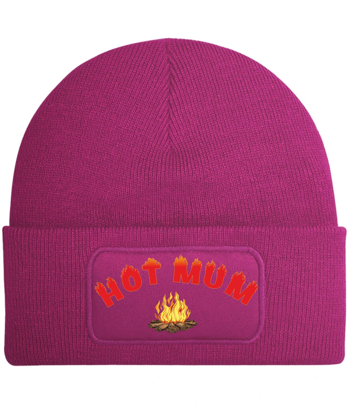 A magenta knit beanie with a folded cuff featuring a rectangular patch that reads 'HOT MUM' in red letters with orange flames, above a small yellow and green campfire graphic.
