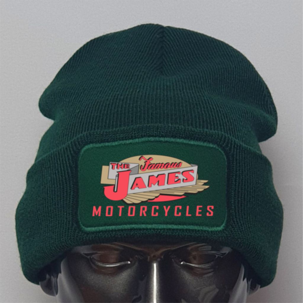Green beanie with 'The James Motorcycles' logo on a gray background