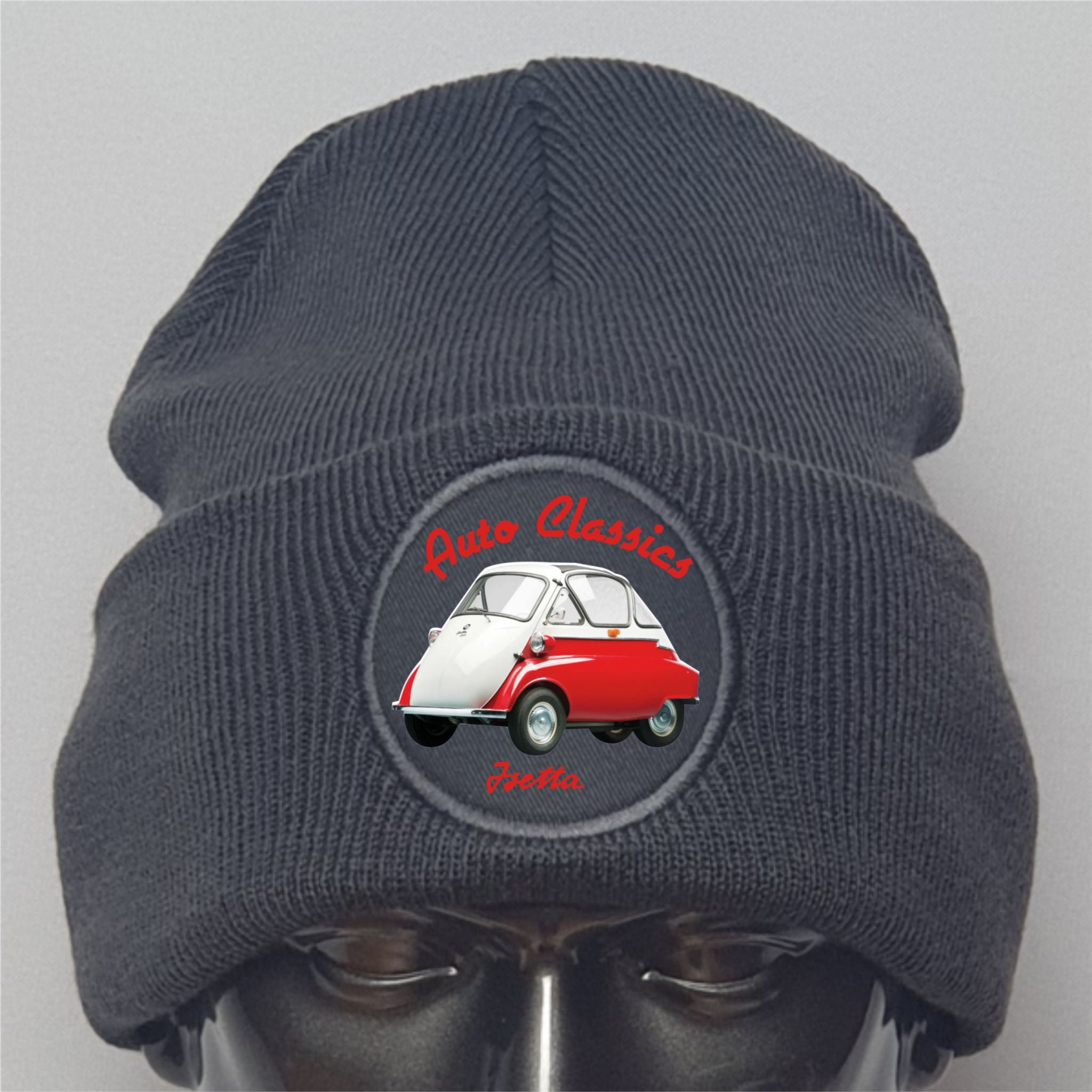 Gray beanie with a red and white car design and 'Auto Classics' text on a gray background
