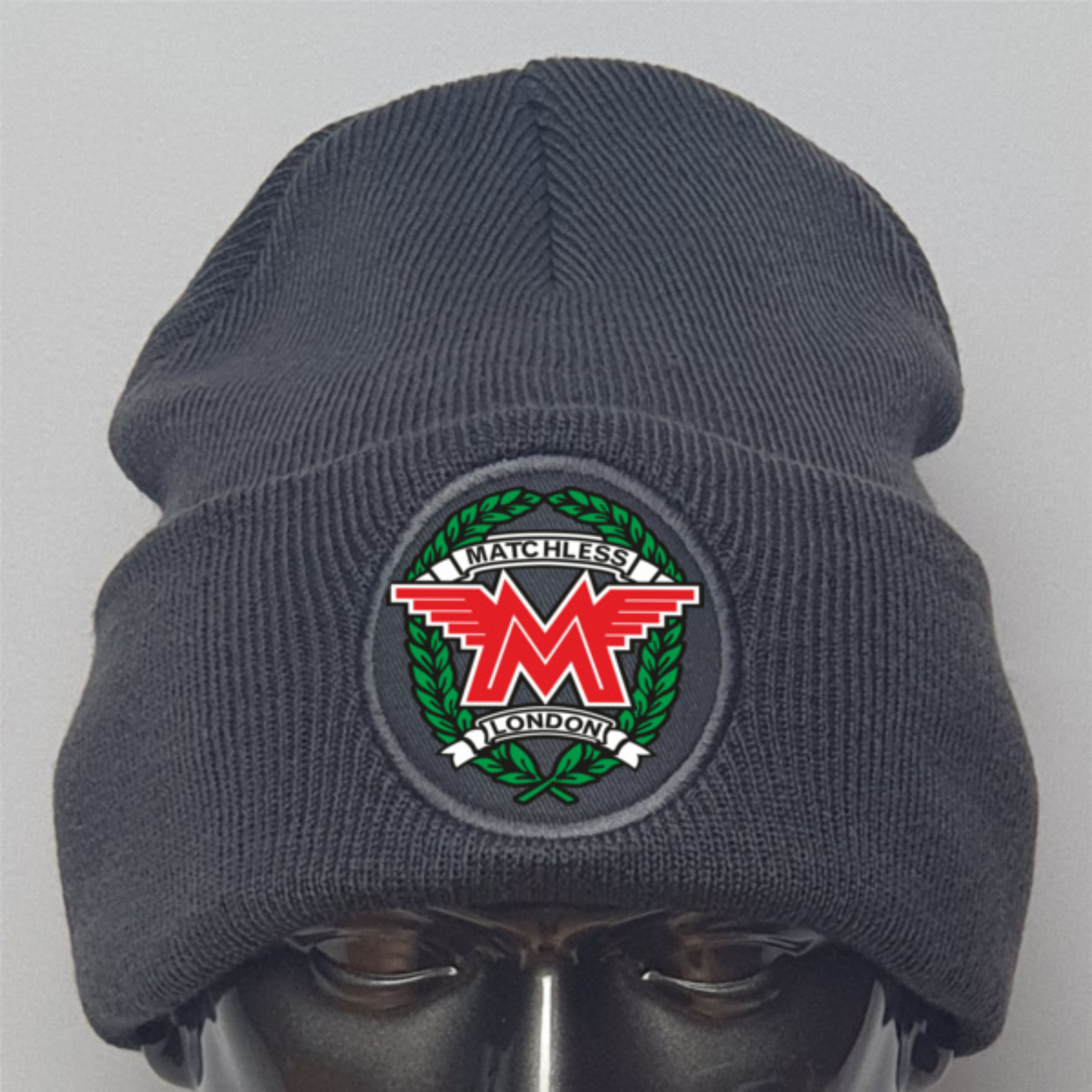 Gray beanie with Matchless logo on a mannequin head against a gray background