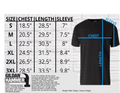 T-shirt size chart with measurements and a black t-shirt on a white background