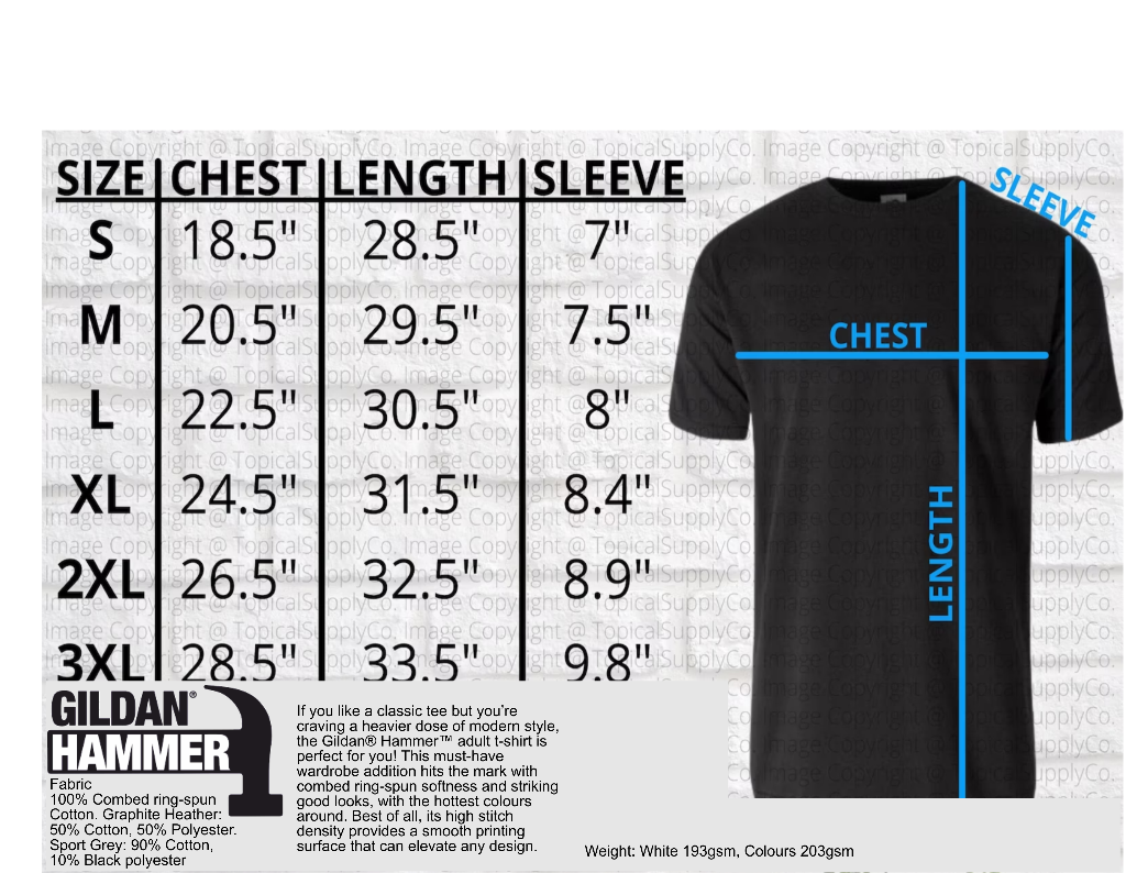 T-shirt size chart with measurements and a black t-shirt on a white background