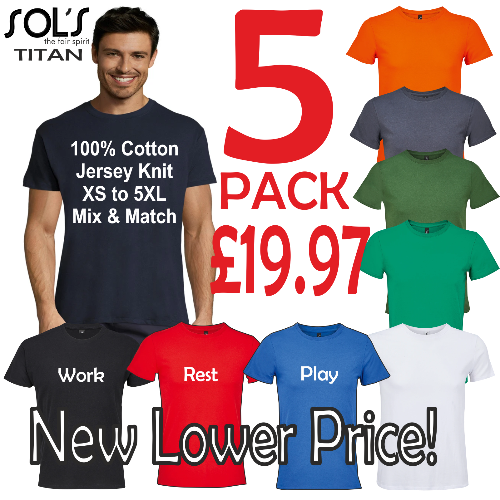 Promotional image of Sols Titan t-shirts with text about pricing and color options.