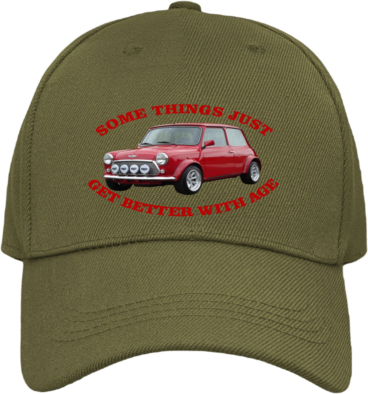 An olive green baseball cap featuring a red classic Mini Cooper graphic with the text 'SOME THINGS JUST GET BETTER WITH AGE' embroidered in red on the front.