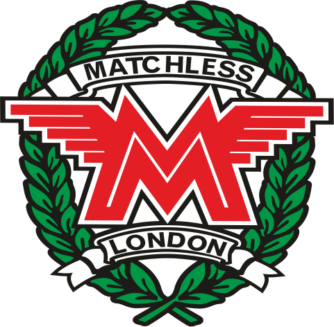 Matchless logo with green laurel wreath and red 'MF' on a white background