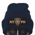 Navy blue beanie with NY PD logo on a white background