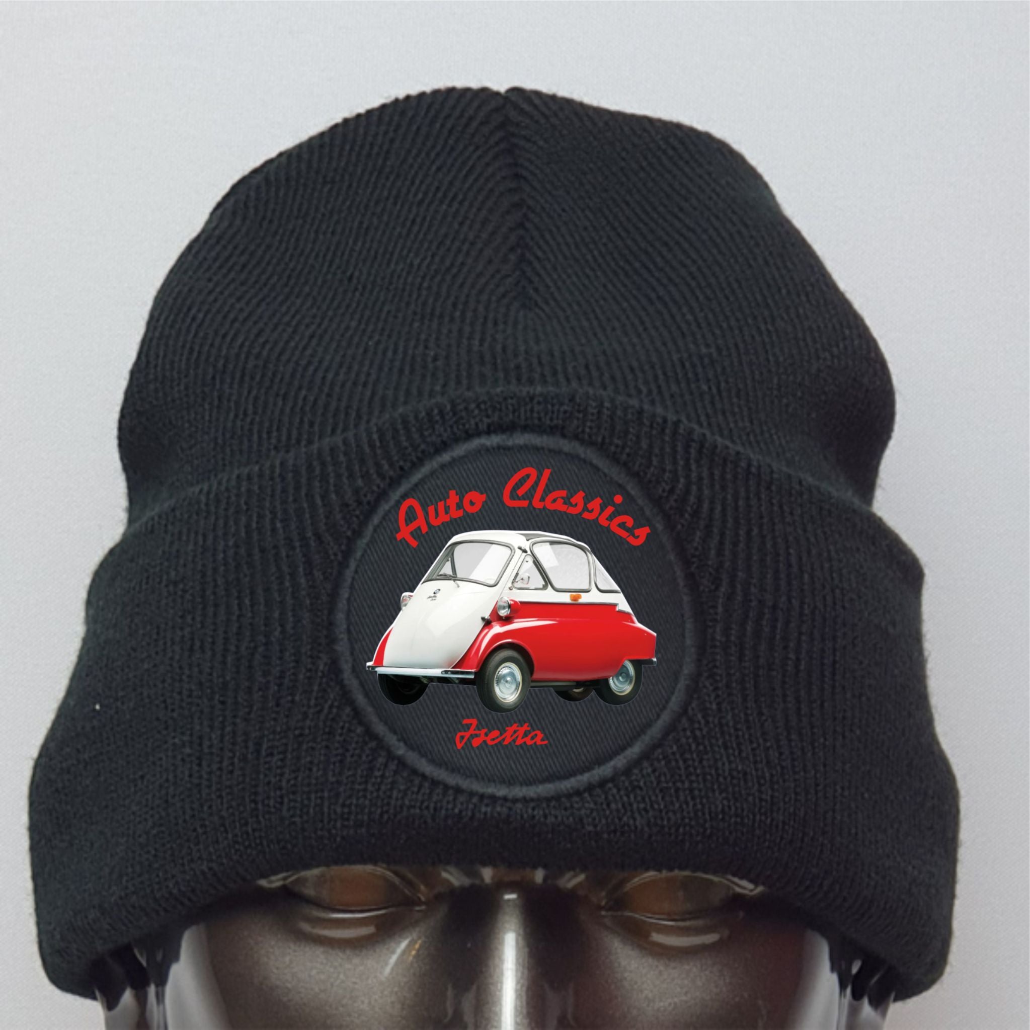 Black beanie with a red and white car design and 'Auto Classics' text on a gray background