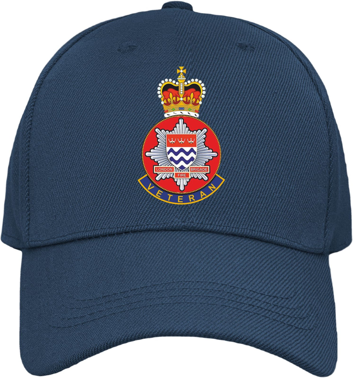 A navy blue baseball cap featuring an London Fire Brigade Veteran crest on the front, set against a plain white background.