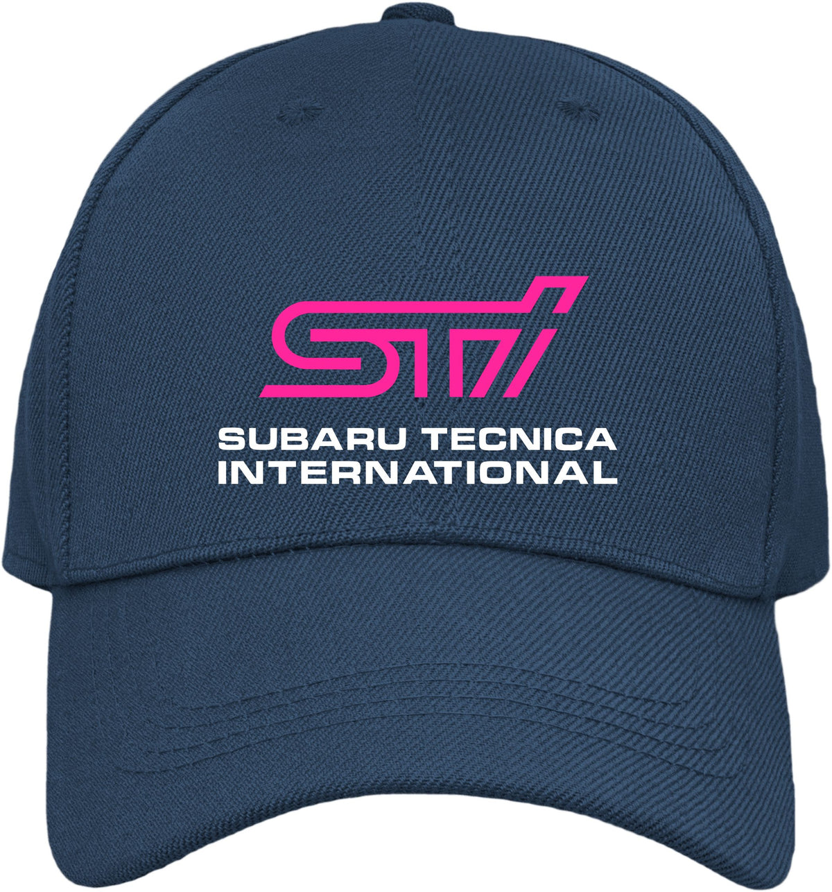 A navy blue baseball cap featuring a pink and white printed logo on the front that reads 'STI' and 'SUBARU TECNICA INTERNATIONAL'.