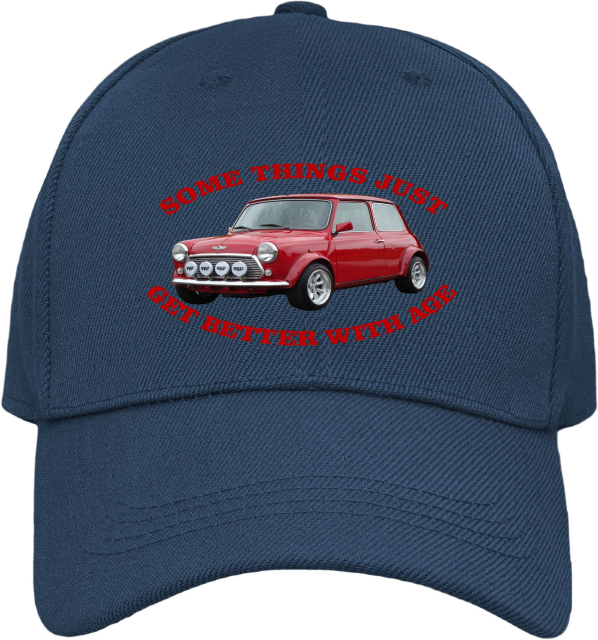 A avy blue baseball cap featuring a red vintage Mini Cooper graphic with the text 'SOME THINGS JUST GET BETTER WITH AGE' in red on the front panel.