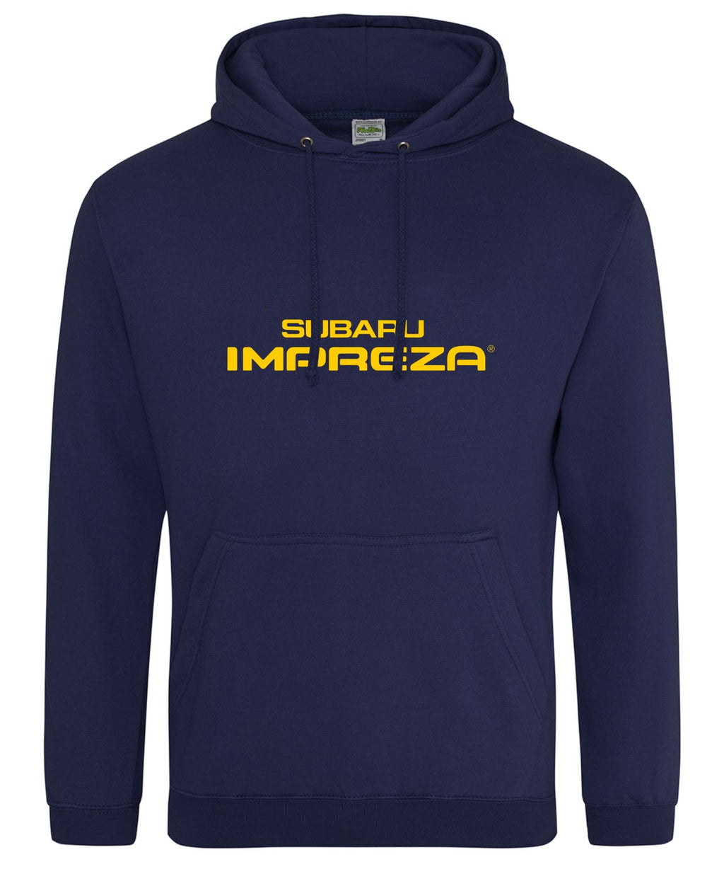 A navy blue pullover hoodie with a front kangaroo pocket and drawstrings, featuring the text 'SUBAFU IMPREZA' printed in yellow across the chest.