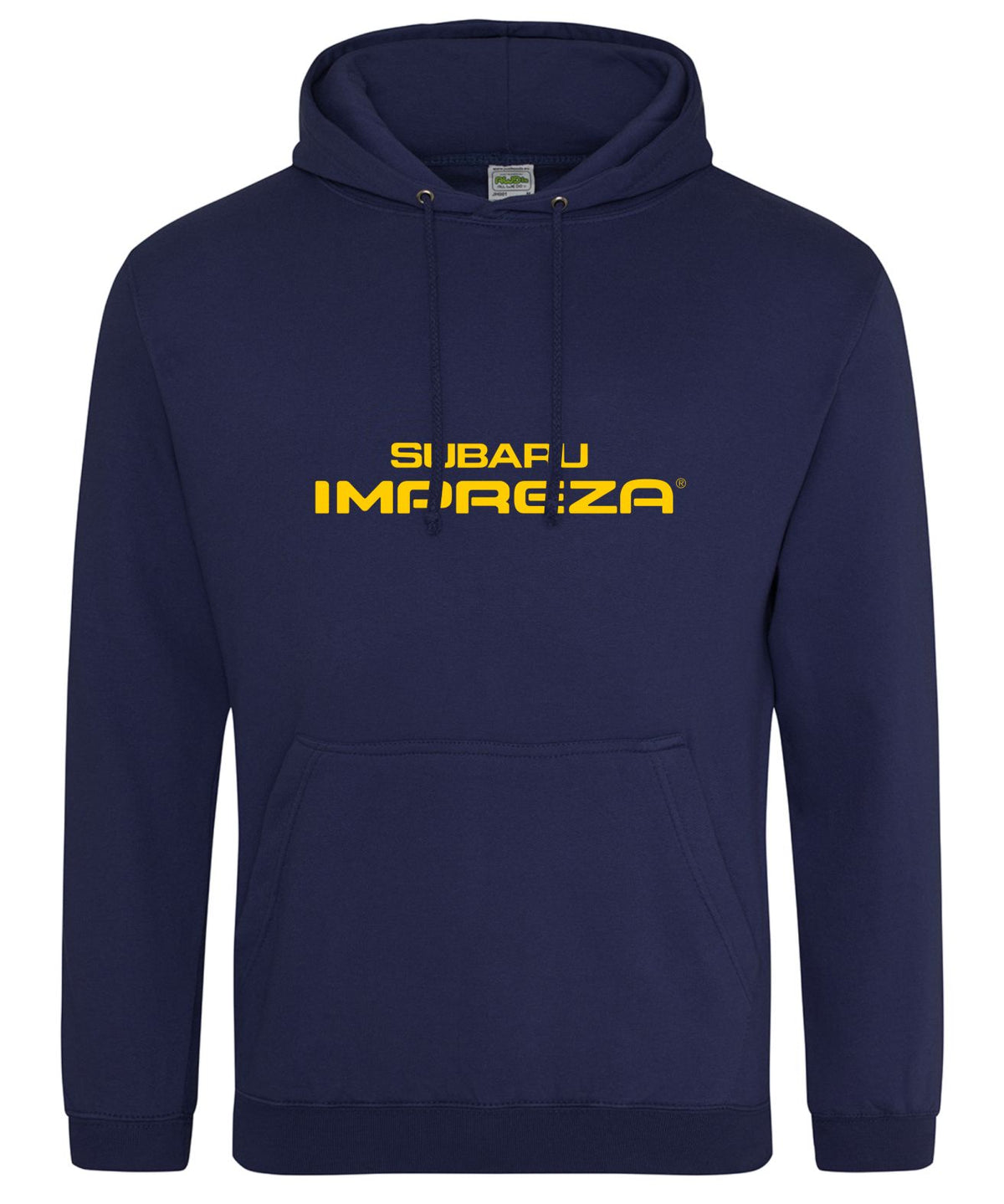 A navy blue pullover hoodie with a front kangaroo pocket and drawstrings, featuring the text 'SUBAFU IMPREZA' printed in yellow across the chest.