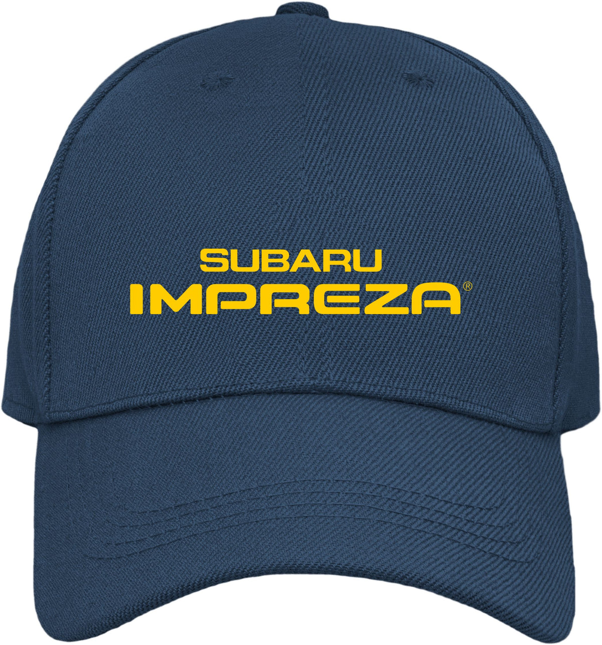 A navy blue baseball cap featuring the 'SUBARU IMPREZA' logo embroidered in yellow on the front, set against a plain white background.