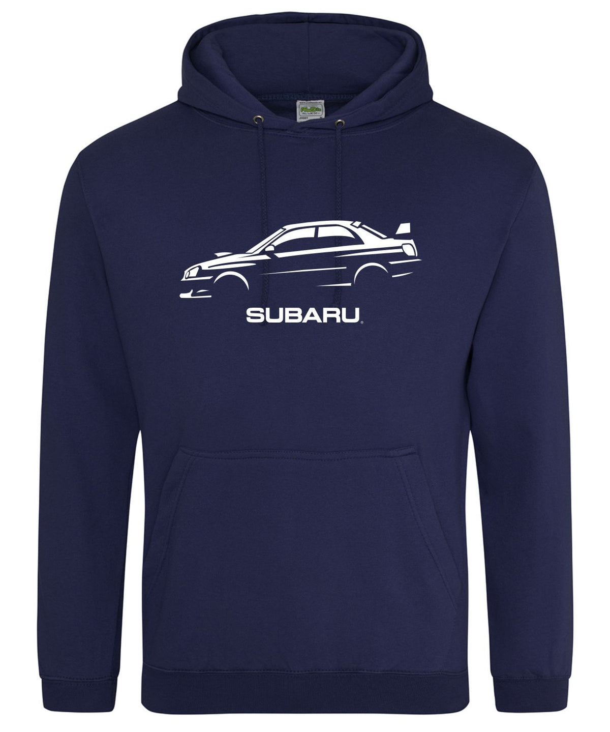 A navy blue pullover hoodie featuring a white line-art graphic of a Subaru car and the word 'SUBARU' printed on the chest, displayed against a solid white background.