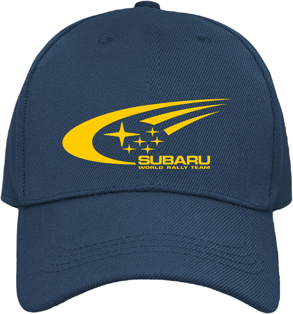 A navy blue baseball cap featuring a yellow printed Subaru World Raily Team logo on the front, set against a plain white background.