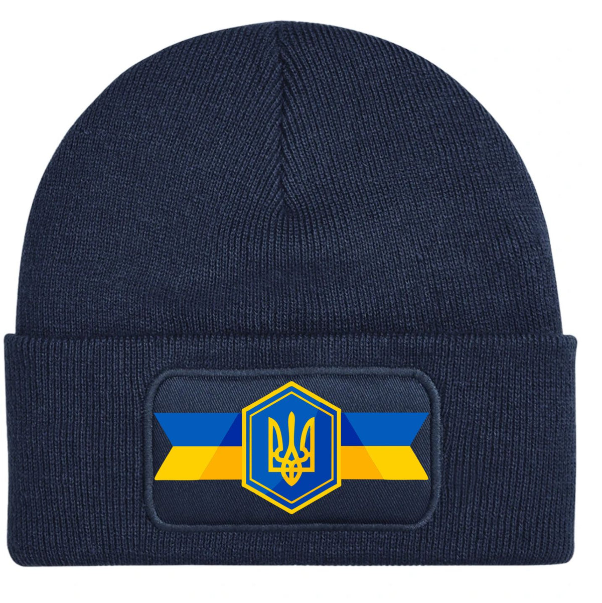 A navy blue ribbed knit beanie with a folded cuff, featuring a rectangular patch on the front with a blue and yellow Ukrainian trident emblem.