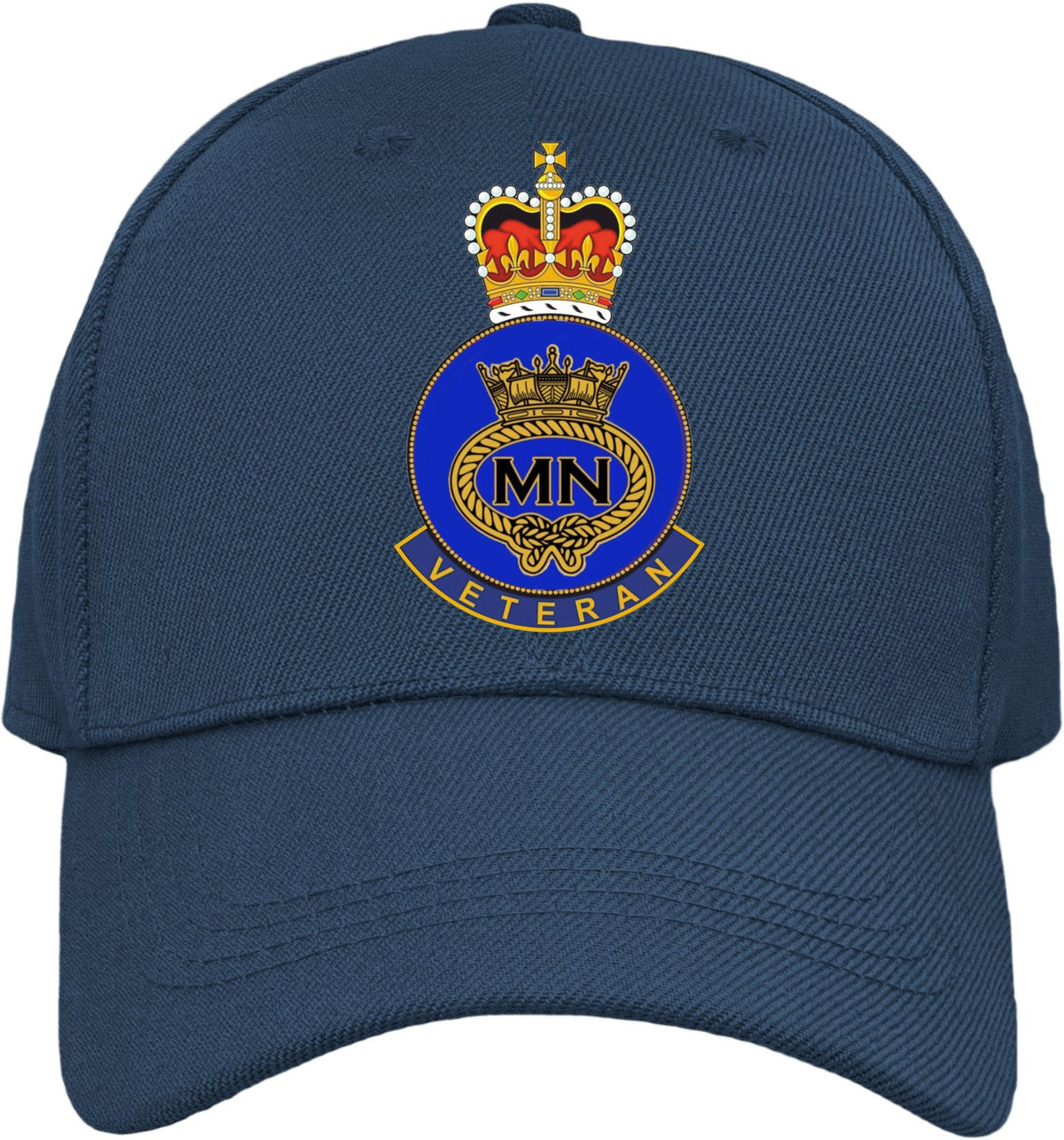 A navy blue baseball cap featuring a detailed printed British Merchant Navy Veteran crest on the front, set against a plain white background.