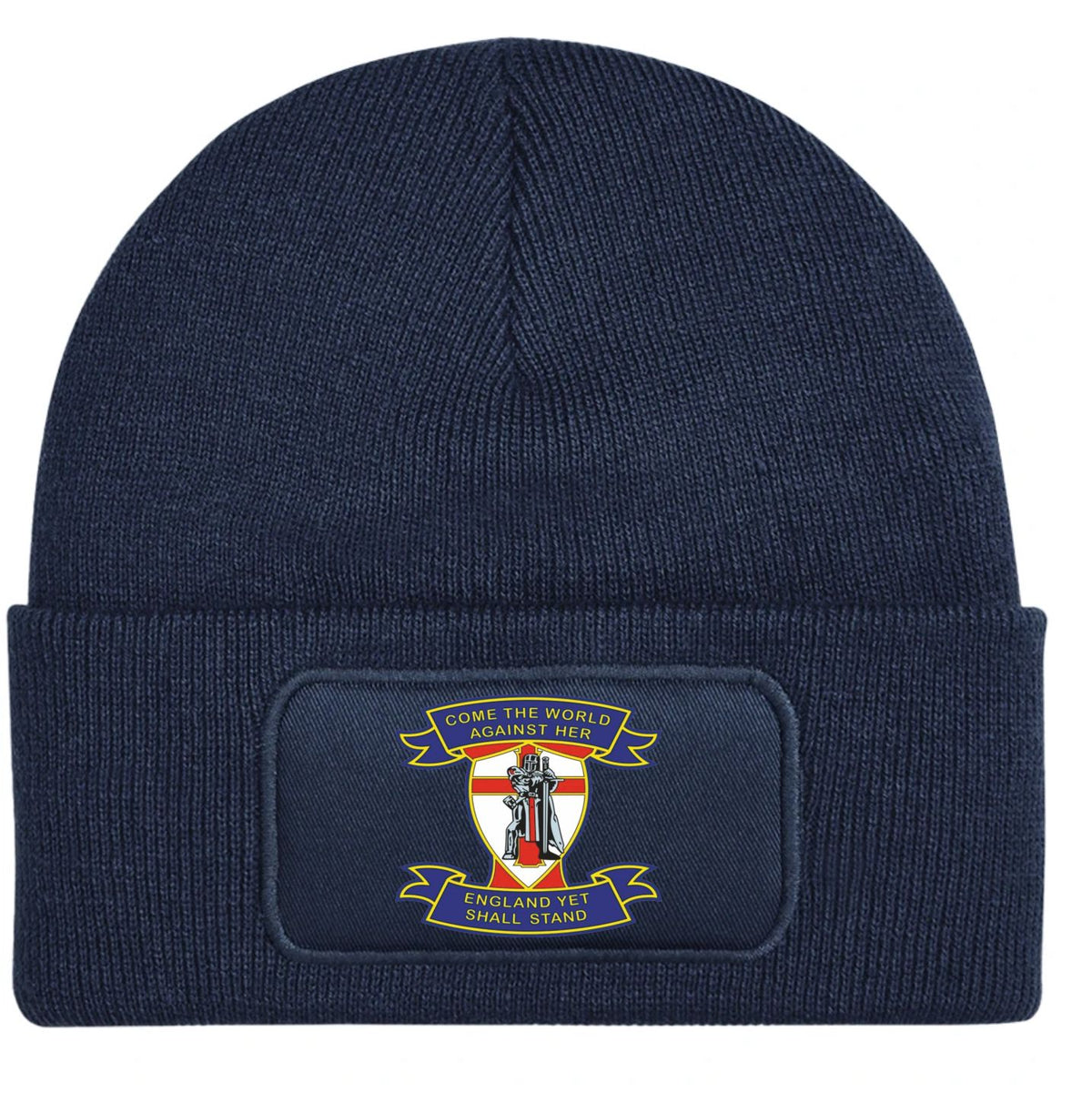 A navy blue ribbed knit beanie with a folded cuff, featuring a rectangular embroidered patch on the front with a red, white, and blue military-style crest and the words 'COME THE WORLD AGAINST HER' and 'ENDLAND-YET SHALL STAND'.
