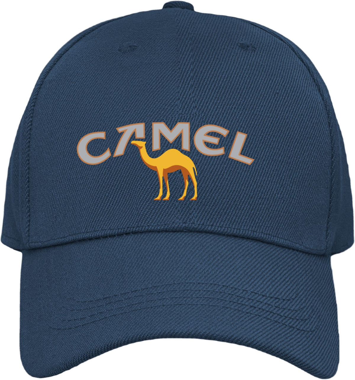 A navy blue baseball cap featuring an embroidered design on the front with the word 'CAMEL' in beige outlined letters and a yellow camel silhouette.