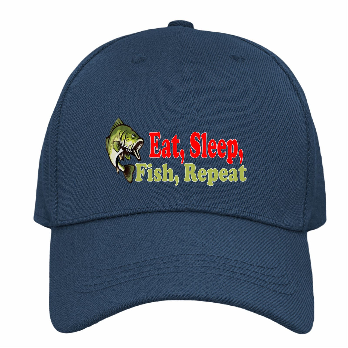 A navy blue baseball cap featuring an embroidered graphic of a fish and the text 'Eat, Sleep, Fish, Repeat' in red and yellow-green lettering, shown against a plain white background.