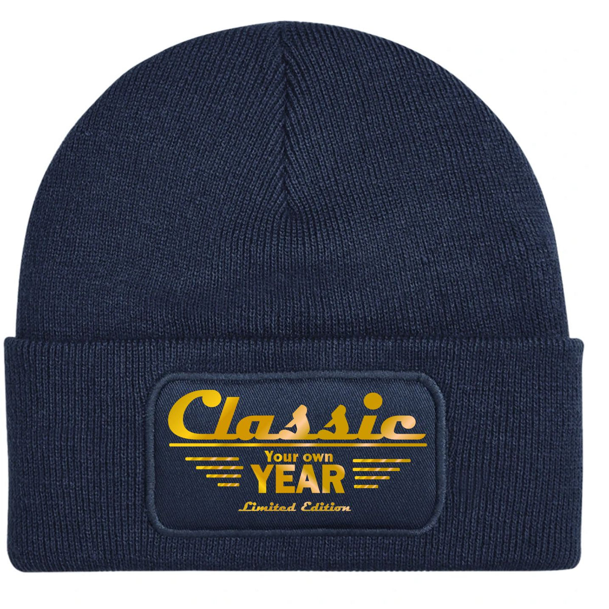 A customizable navy blue ribbed knit beanie hat featuring a rectangular embroidered patch on the front cuff with the text 'Classic Your own YEAR Limited Edition' in gold.
