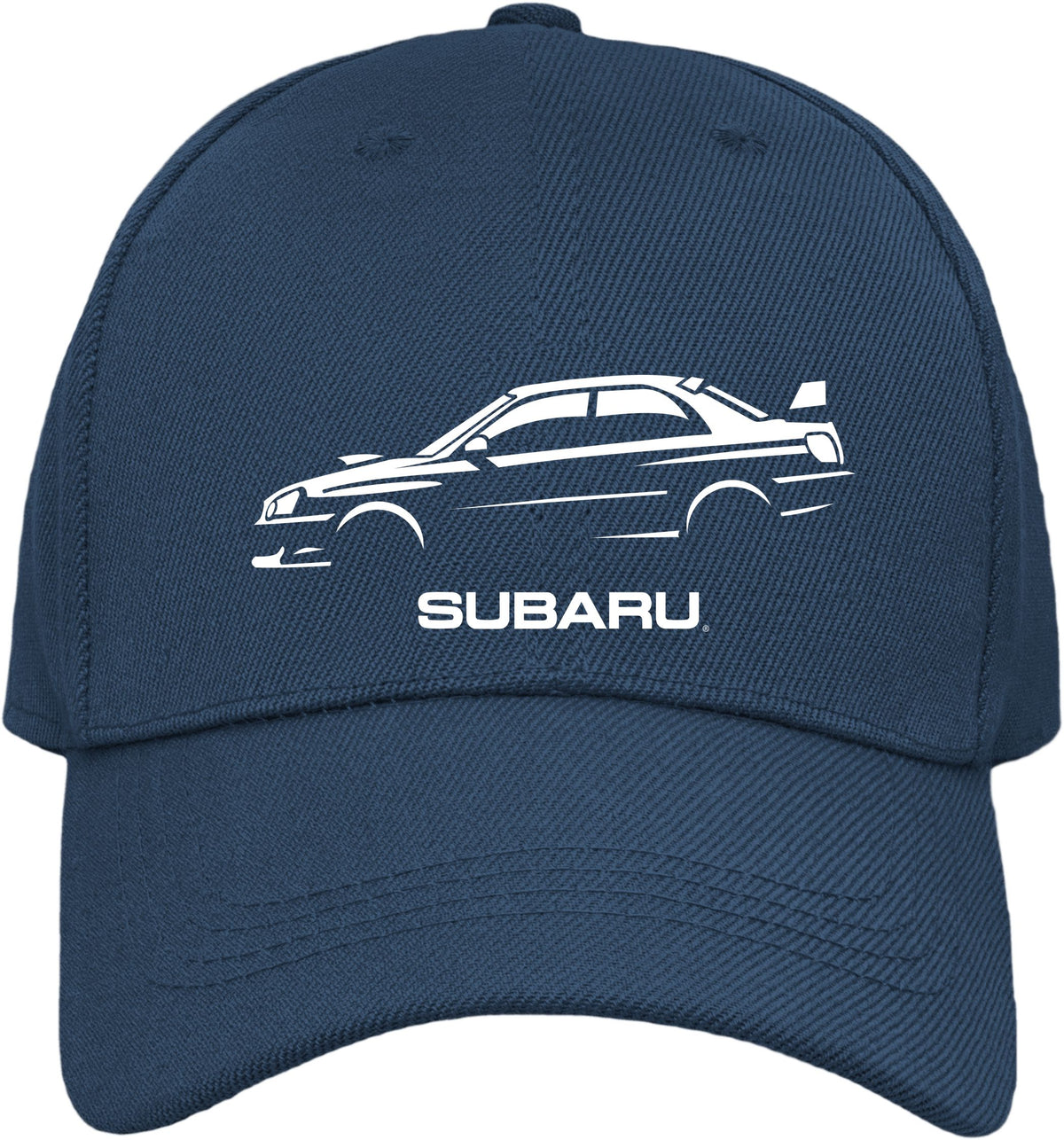A navy blue baseball cap featuring a white graphic of a Subaru car and the word 'SUBARU' printed on the front, shown against a plain white background.