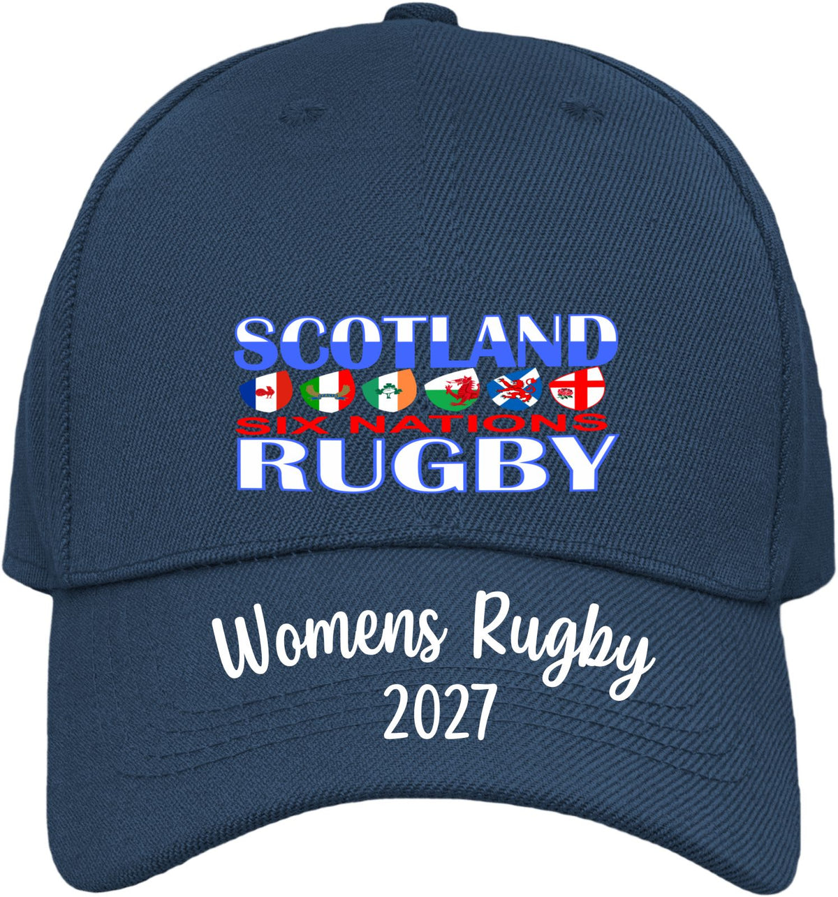 A navy blue baseball cap featuring a 'SCOTLAND SIX NATIONS RUGBY' graphic on the front with six national flags, and 'Womens Rugby 2027' printed in white on the brim.