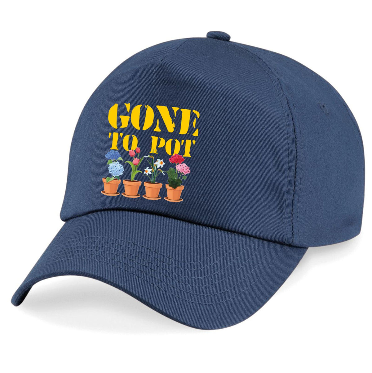 A navy blue baseball cap featuring a graphic on the front with the yellow text 'GONE TO POT' above four colorful potted flowers, shown on a clean white background.