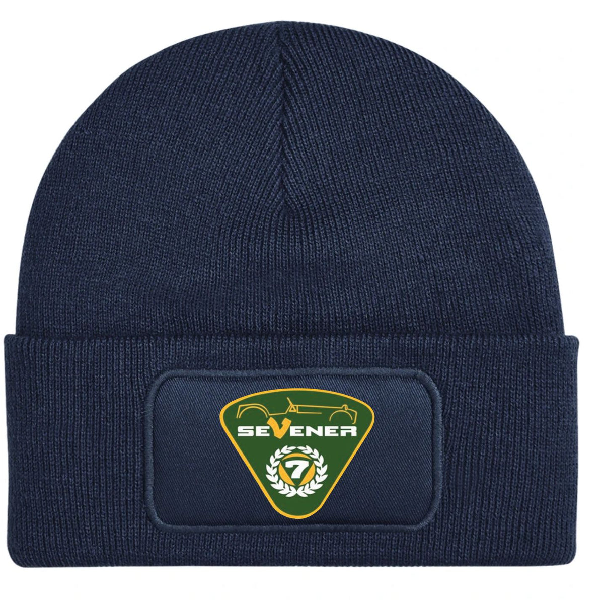 A navy blue ribbed knit beanie with a folded cuff, featuring a rectangular printed patch on the front featuring the Sevener club logo