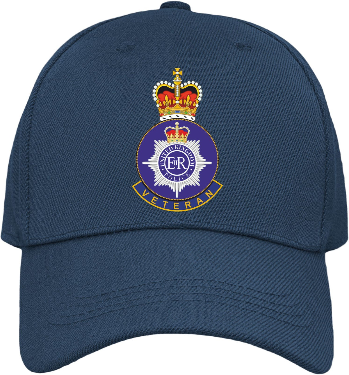 A navy blue baseball cap featuring an printedRoyal Marines VETERAN crest with a crown, purple and white circular emblem, and gold details on the front.