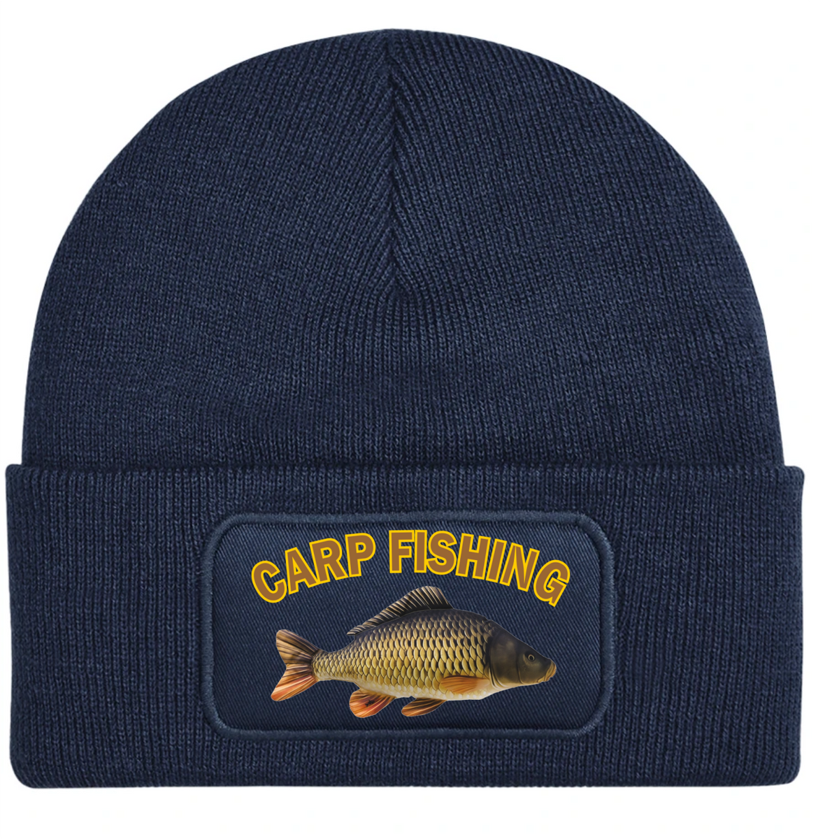 A Navy blue ribbed knit beanie hat featuring a rectangular printed patch on the front cuff with the words 'CARP FISHING' in yellow and an illustration of a carp fish.