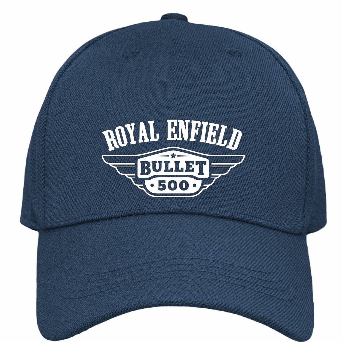 A navy blue baseball cap with a white printed logo on the front that reads 'ROYAL ENFIELD BULLET 500'.