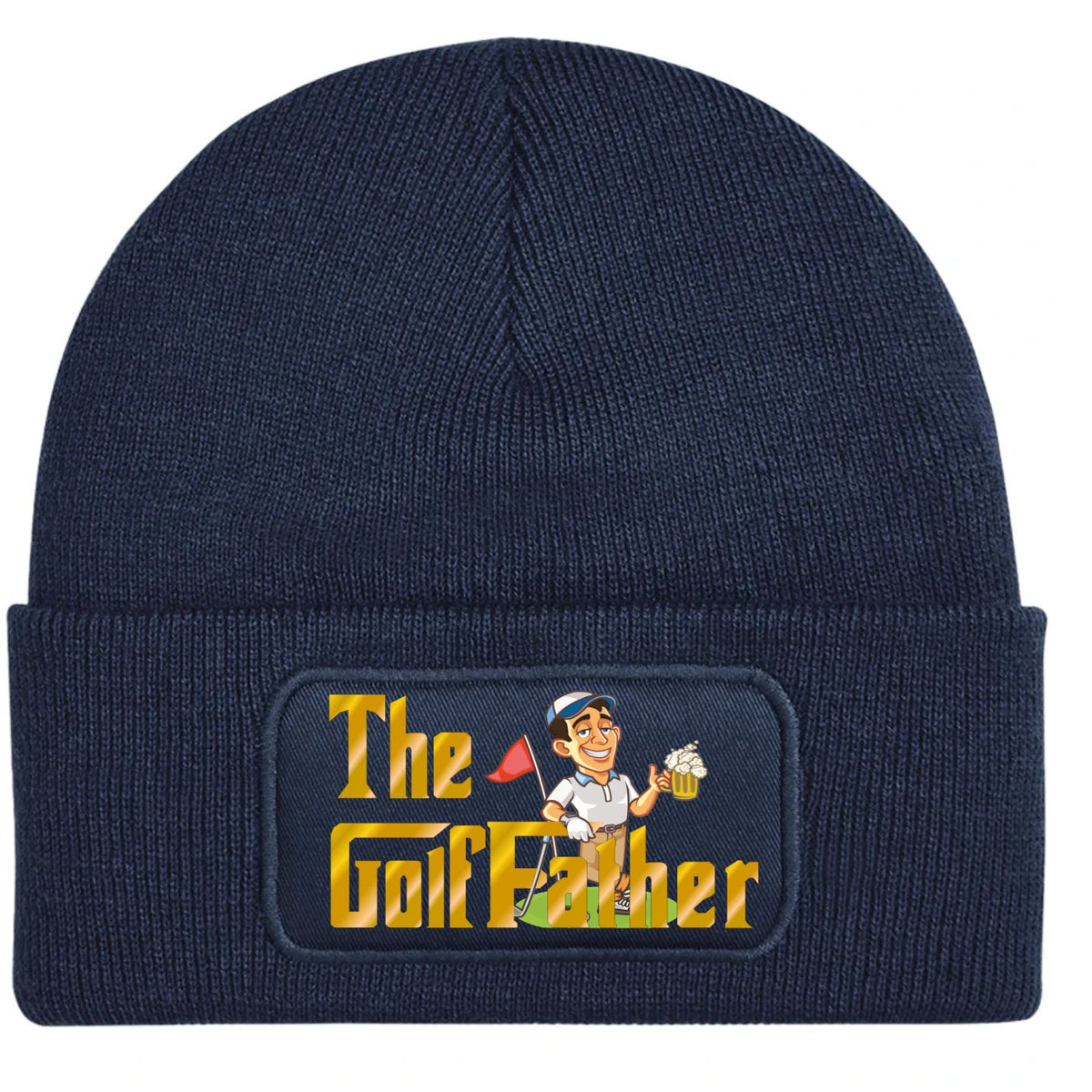 A navy blue ribbed knit beanie hat featuring a rectangular printedpatch on the front cuff. The patch displays the text 'The Golf Father' in yellow and white, alongside a cartoon illustration of a golf course superintendent holding a golf ball and a club.