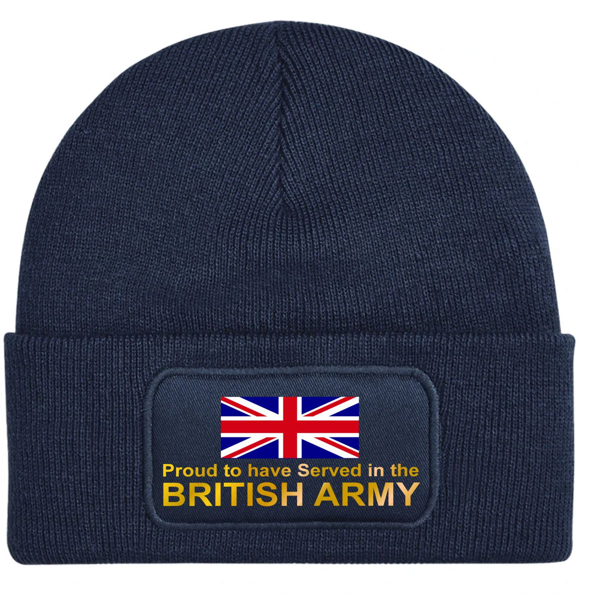 Navy Blue beanie hat with a Union Jack image and gold text 'Proud to have served in the British Army