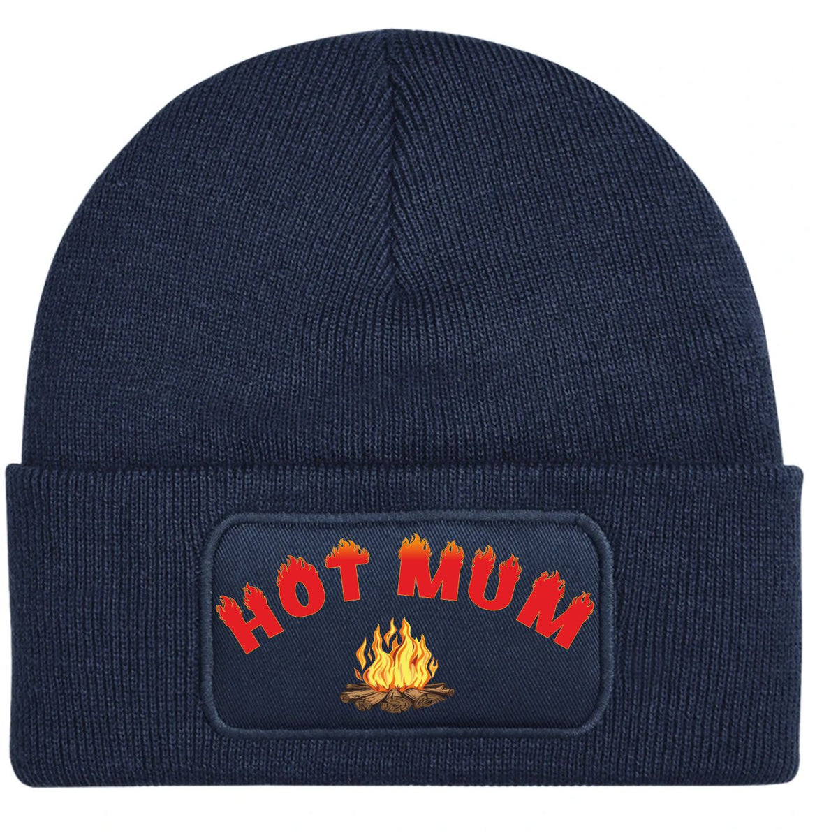 A navy blue ribbed knit beanie with a folded cuff, featuring a printed patch that reads 'HOT MUM' in red letters above a yellow and orange campfire graphic.