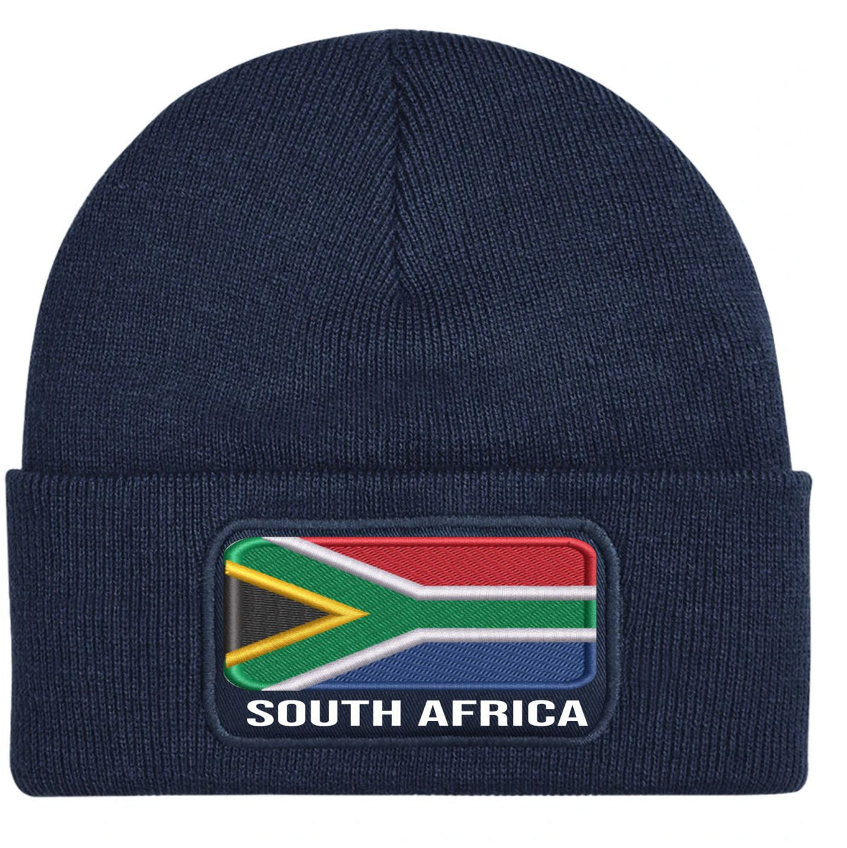 A navy blue ribbed knit beanie hat featuring an embroidered South African flag patch on the front cuff with the text 'SOUTH AFRICA' below it.