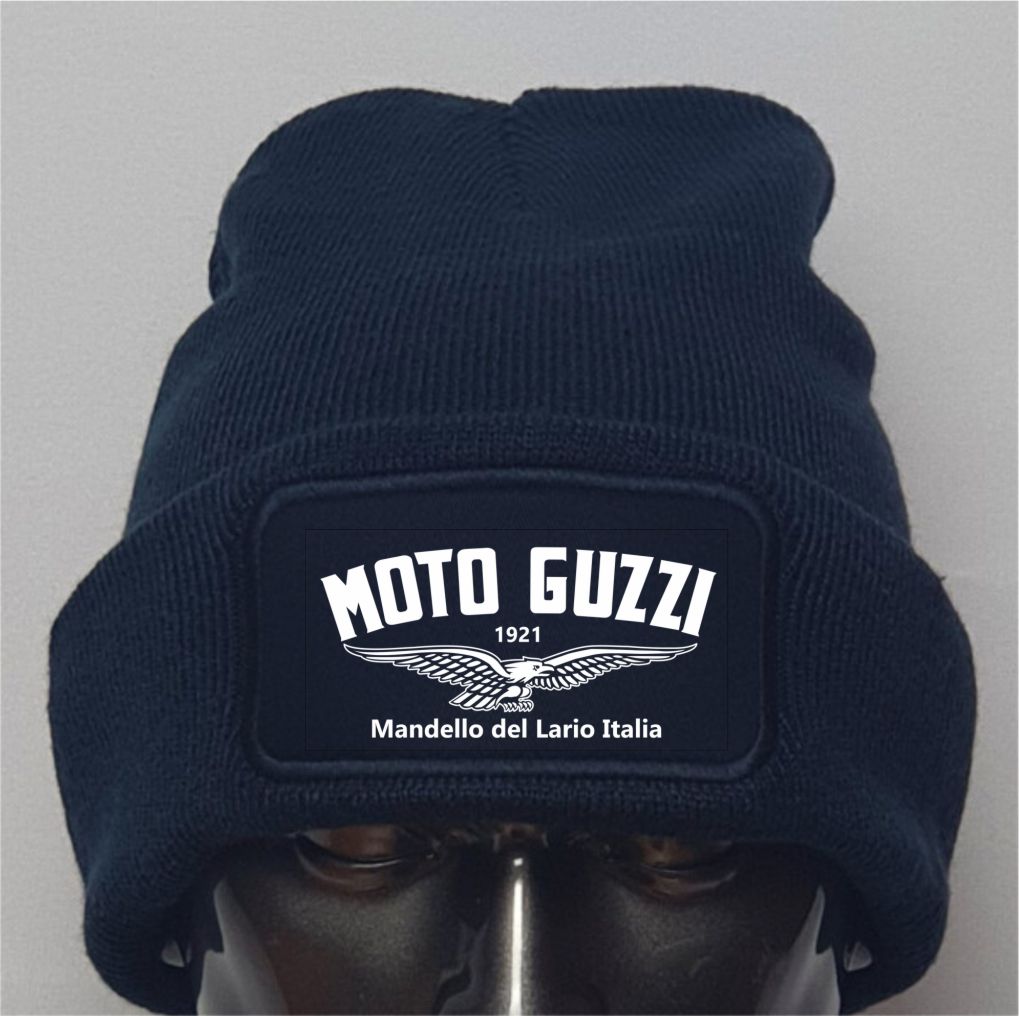 Navy blue beanie with Moto Guzzi logo on a gray background
