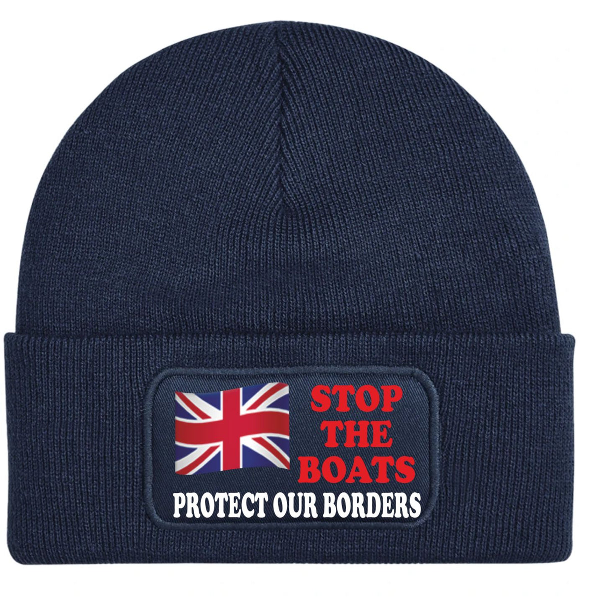 Navy blue beanie hat with the text 'STOP THE BOATS - PROTECT OUR BORDERS
