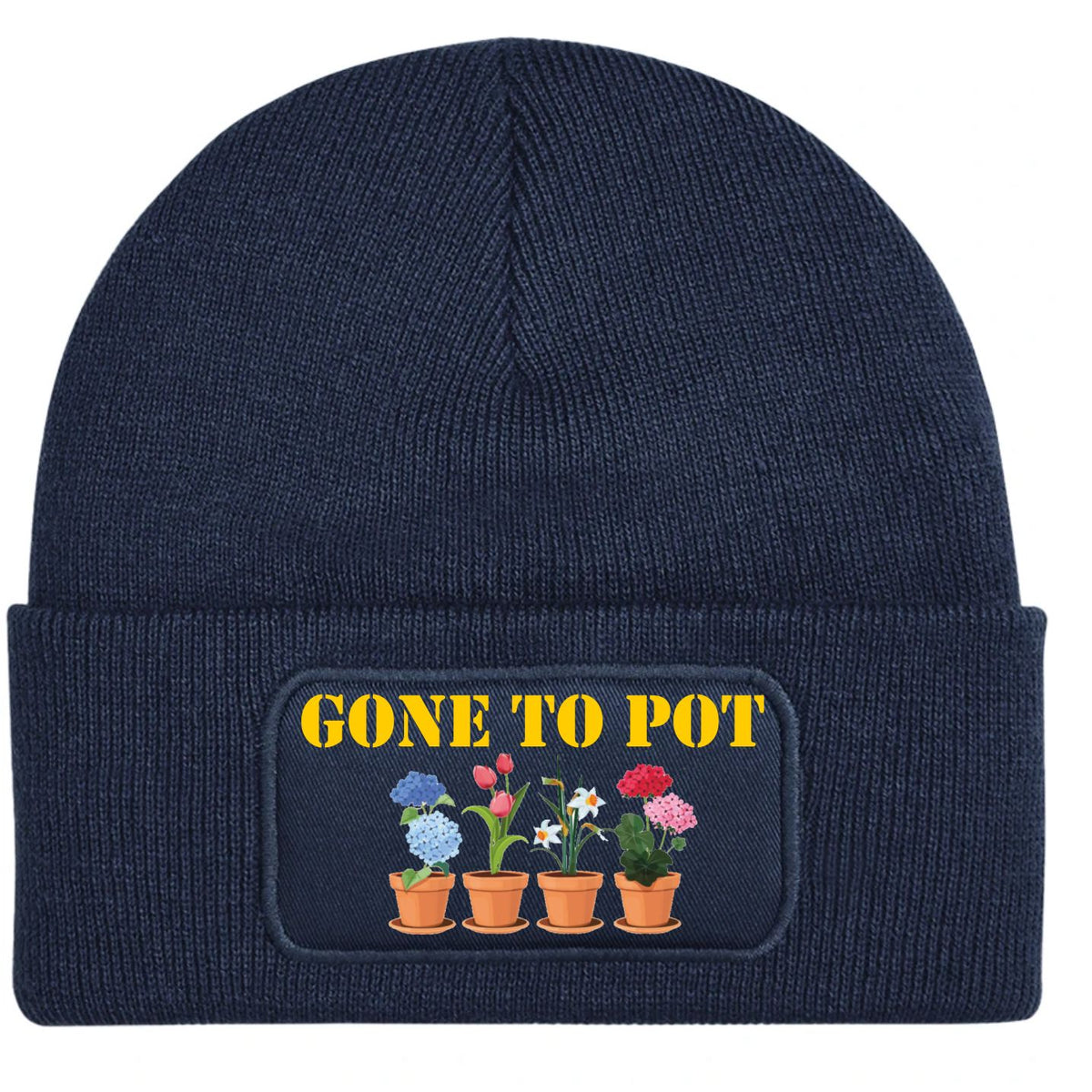 Annavy blue ribbed knit beanie with a folded cuff, featuring a printed patch that reads 'GONE TO POT' in yellow text above four colorful potted flowers.