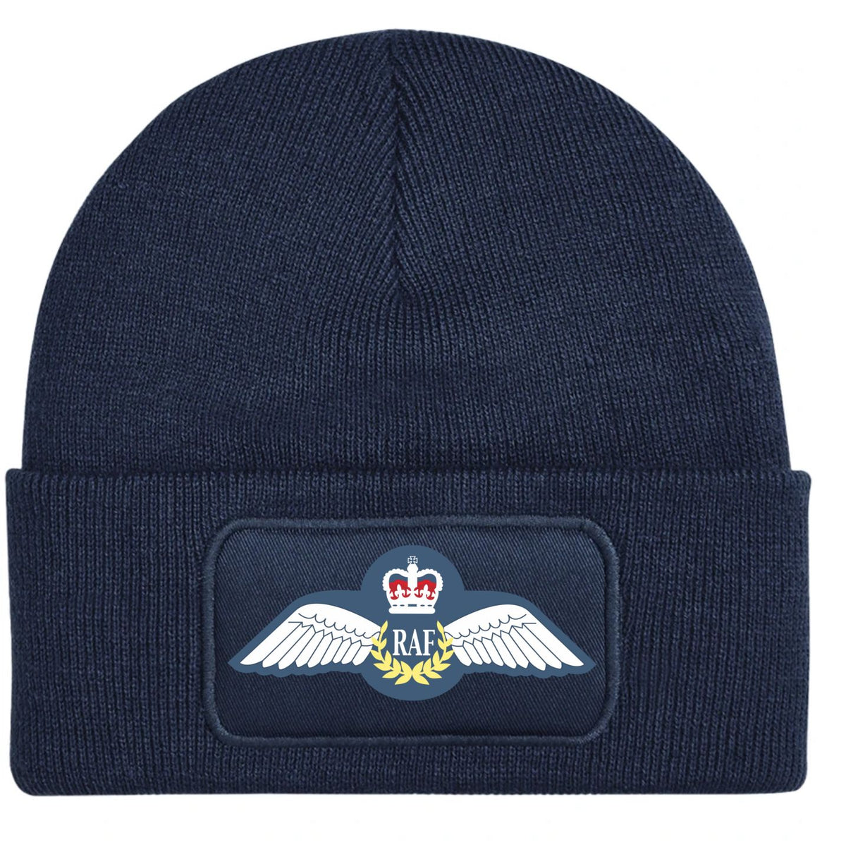 A navy blue ribbed knit beanie with a folded cuff, featuring an embroidered Royal Air Force wings patch on the front.