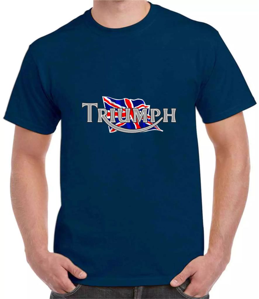 Navy blue t-shirt with Triumph logo featuring a British flag design on a white background