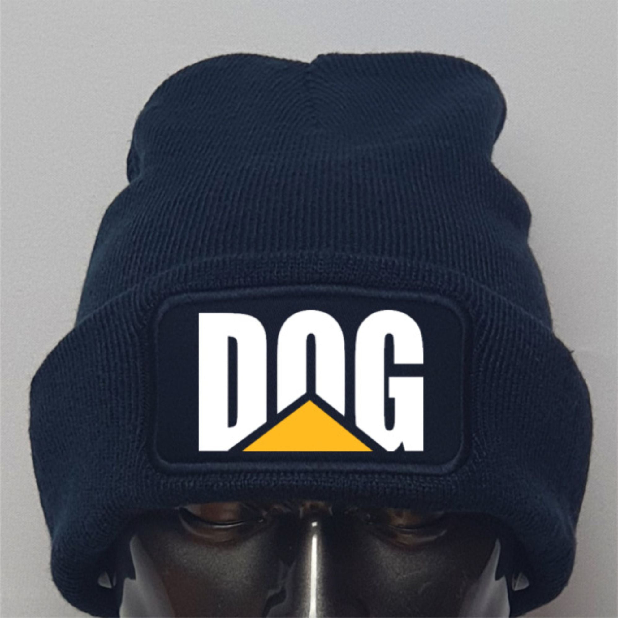 Navy blue beanie with a white and yellow logo on a gray background