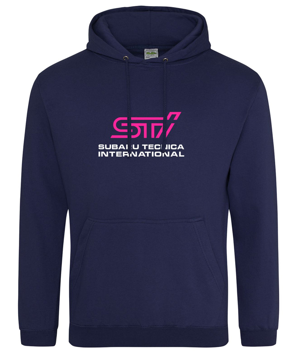 A navy blue pullover hoodie featuring a pink and white SUBARU TECNICA INTERNATIONAL  printed on the chest, displayed against a solid white background.