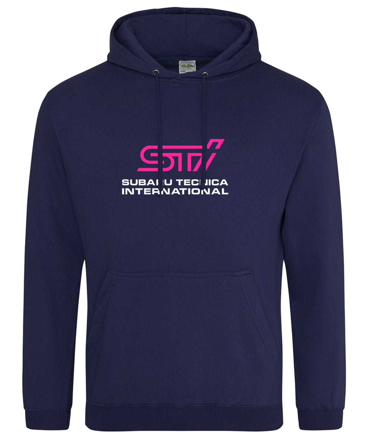 A navy blue pullover hoodie featuring a pink and white SUBARU TECNICA INTERNATIONAL  printed on the chest, displayed against a solid white background.