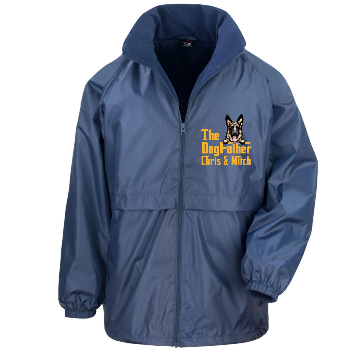 A navy blue zip-up hooded jacket with a yellow and black 'The Dog Father Chris & Mitch' graphic on the left chest, displayed on a solid white background.