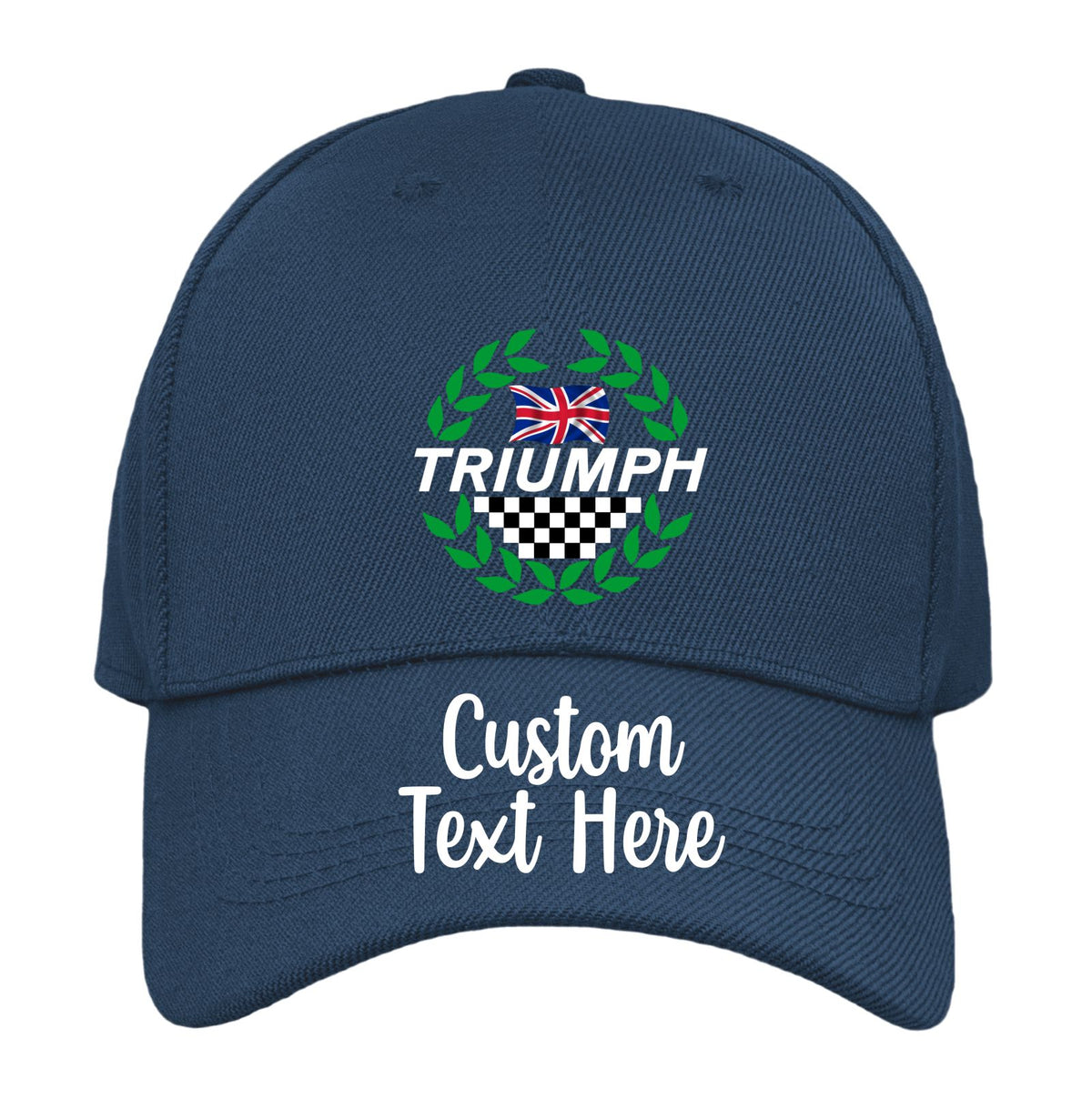 A navy blue baseball cap with a custom graphic on the front featuring a green laurel wreath, a checkered flag, the word 'TRIUMPH' in white, and a small Union Jack. The brim has a placeholder text 'Custom Text Here' in white script.