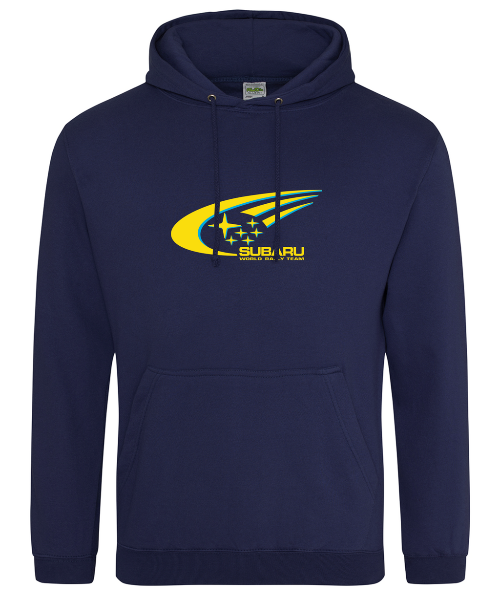 A navy blue pullover hoodie featuring a yellow and green Subaru logo printed on the center chest, displayed against a solid white background.