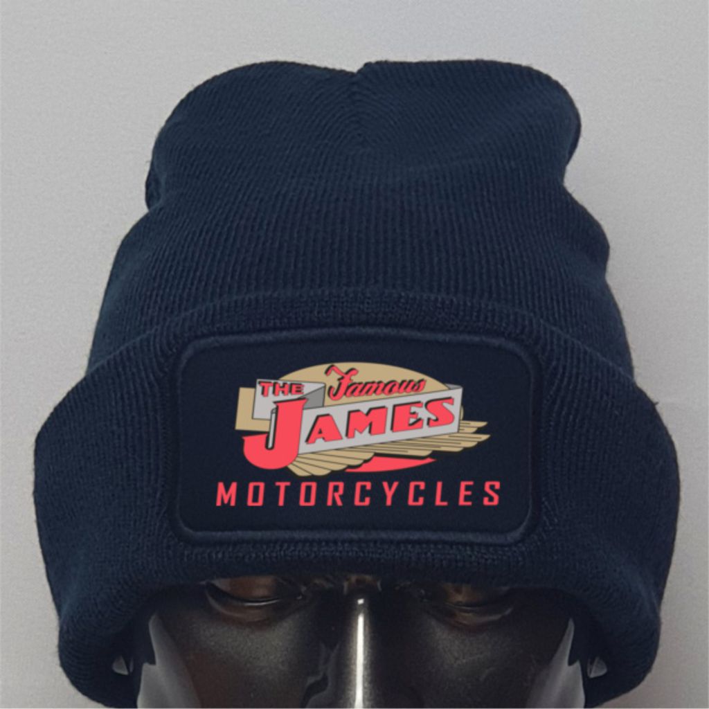 Navy blue beanie with 'The James Motorcycles' logo on a gray background