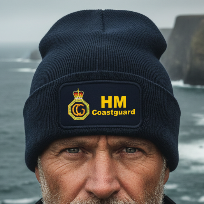 A dark navy blue knit beanie hat displayed on a black mannequin head. The front cuff features a rectangular patch with the HM Coastguard logo in yellow and gold, set against a plain light gray background.