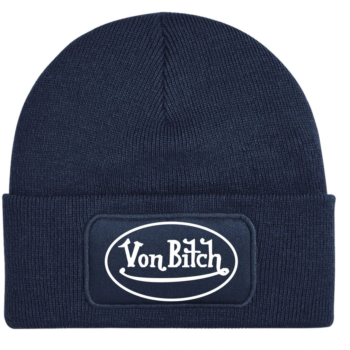A navy blue ribbed knit beanie hat featuring a black rectangular patch on the front cuff with the white text logo 'Von Bitch'.